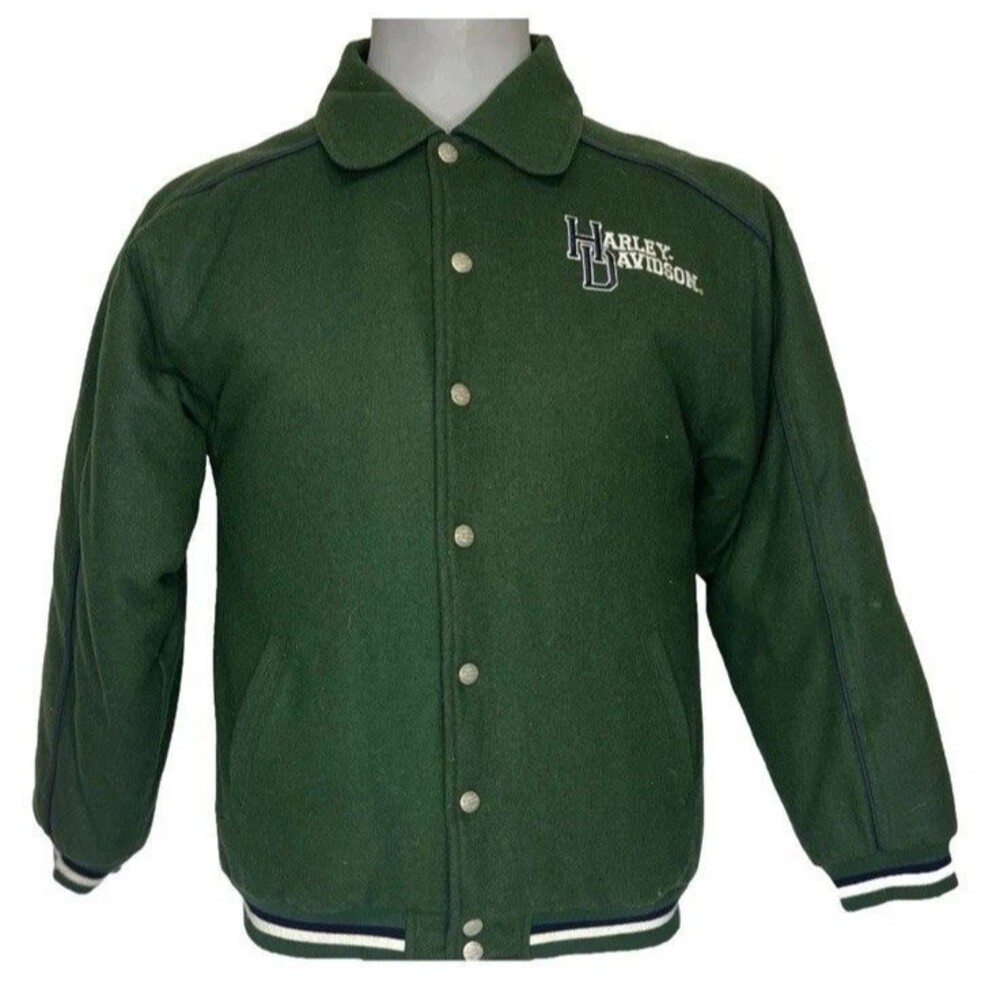 Vintage Used Green Reversible Harley-Davidson Button Letterman Style Jacket